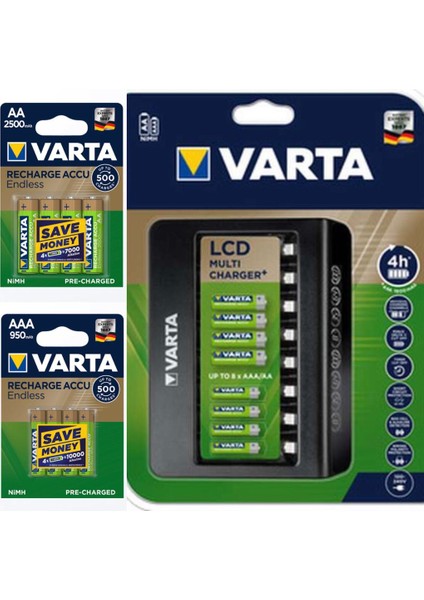 New 8'li Şarj Cihazı + 950 Mah AAA 4'lü Pil+ 2500 Mah AA 4'lü Pil
