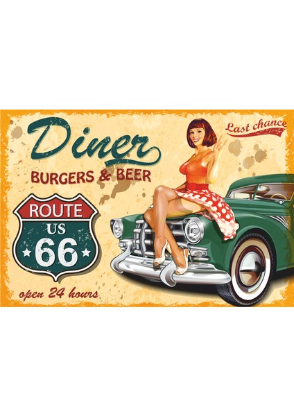 Route 66 Araba Retro Vintage Ahşap Poster