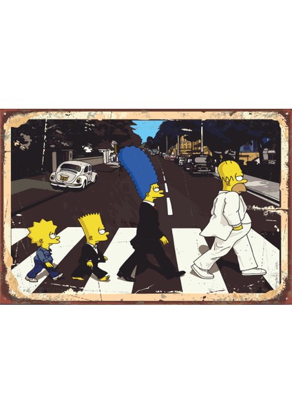 Beatles Yürüyüşü Yapam Simpsonlar Retro Vintage Ahşap Poster