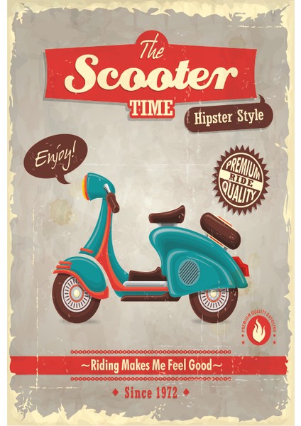 Scooter Motor Zamanı Retro Vintage Ahşap Poster