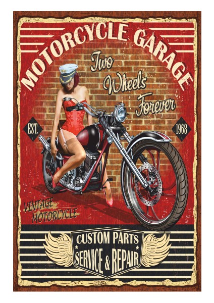 Klasik Motor Garajı Retro Vintage Ahşap Poster