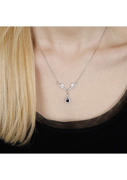 Melek Kanatlı Taşlı Gümüş Kadın Kolye