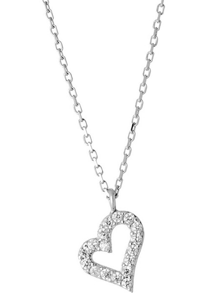 Gümüş Rengi Beyaz Taşlı Kalp Tasarım Gümüş Kolye