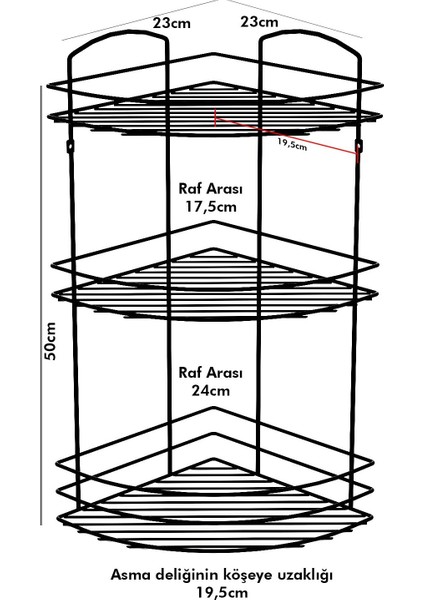 3 Katlı Banyo Duş Köşe Rafı Siyah Bk033
