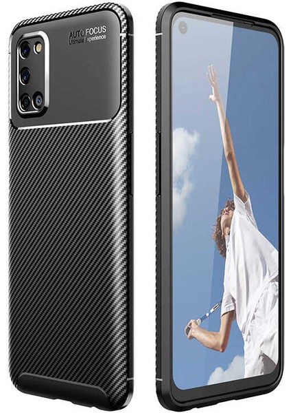 Oppo A92 Kılıf Karbon Desenli Lux Negro Silikon Siyah + Tam Kaplayan 5D Cam Ekran Koruyucu