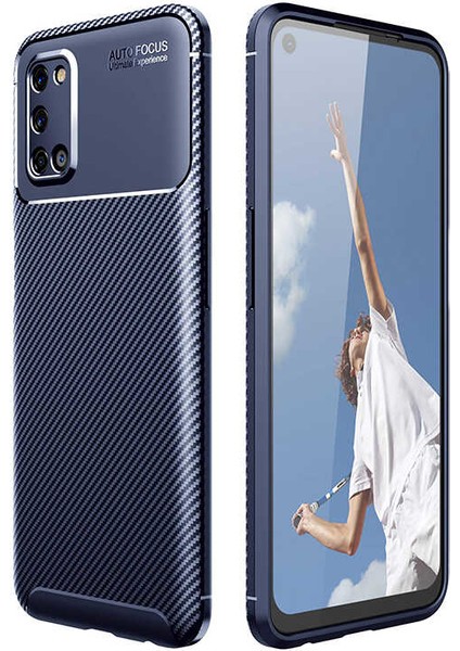 Oppo A52 Kılıf Karbon Desenli Lux Negro Silikon Lacivert + Tam Kaplayan 5D Cam Ekran Koruyucu