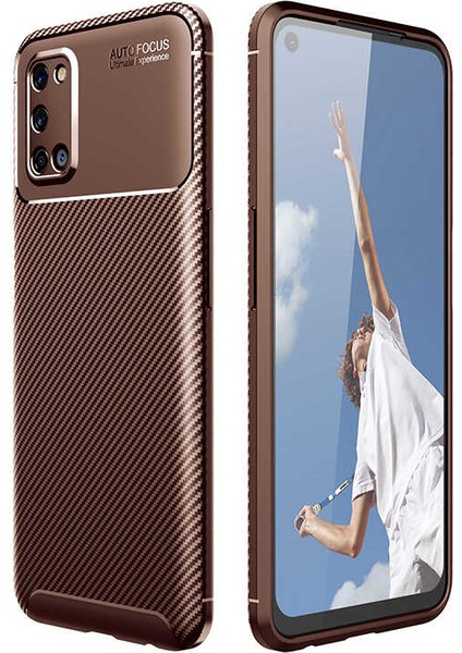 Oppo A52 Kılıf Karbon Desenli Lux Negro Silikon Kahverengi + Tam Kaplayan 5D Cam Ekran Koruyucu