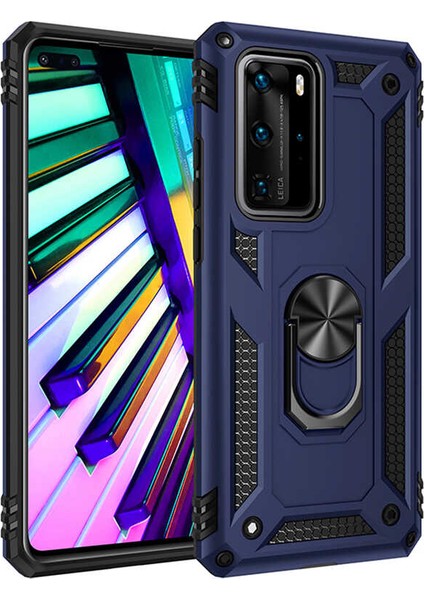 Huawei P40 Pro Kılıf Çift Katmanlı Yüzüklü Manyetik Vega Kapak Lacivert + Tam Kaplayan 6D Polymer Nano Ekran Koruyucu