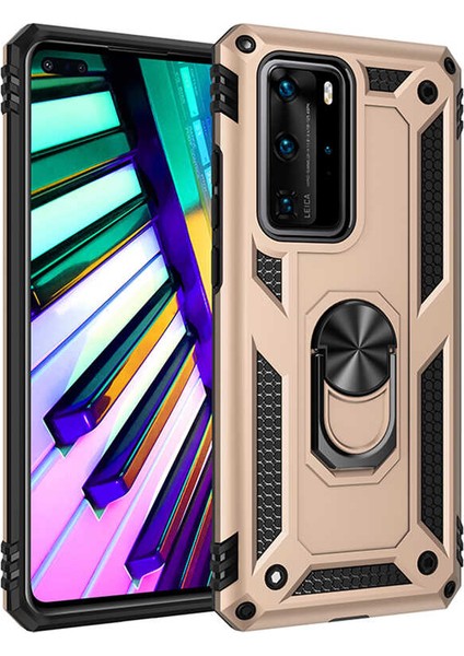 Huawei P40 Pro Kılıf Çift Katmanlı Yüzüklü Manyetik Vega Kapak Gold + Tam Kaplayan 6D Polymer Nano Ekran Koruyucu