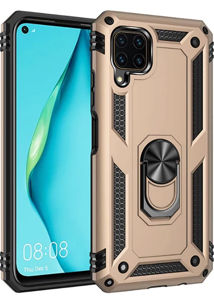 Tekno Grup Huawei P40 Lite Kılıf Çift Katmanlı Yüzüklü Manyetik Vega Kapak Gold + Tam Kaplayan 6D Nano Ekran Koruyucu