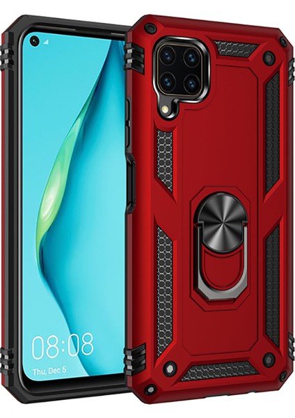 Huawei P40 Lite Kılıf Çift Katmanlı Yüzüklü Manyetik Vega Kapak Kırmızı + Tam Kaplayan 6D Nano Ekran Koruyucu