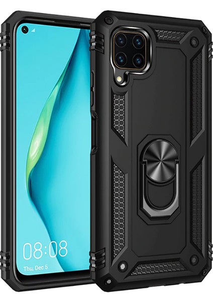 Huawei P40 Lite Kılıf Çift Katmanlı Yüzüklü Manyetik Vega Kapak Siyah + Tam Kaplayan 5D Cam Ekran Koruyucu