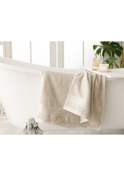 English Home Romantic Stripe Floşlu Banyo Havlusu Takımı 50 x 85CM + 70 x 150CM Açık Gri