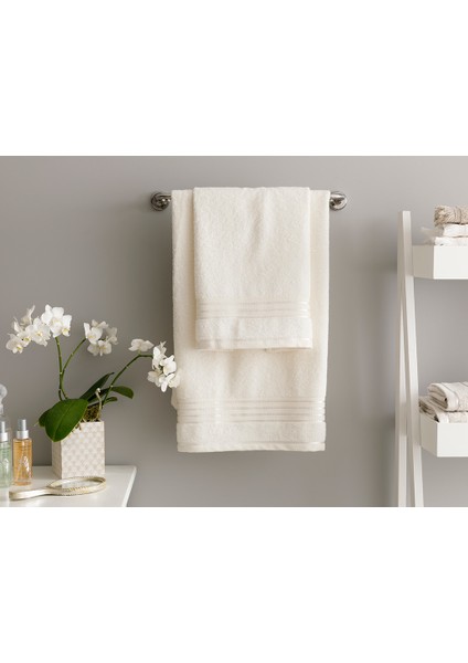 Romantic Stripe Floşlu Banyo Havlusu Takımı 50 x 85CM + 70 x 150CM Ekru