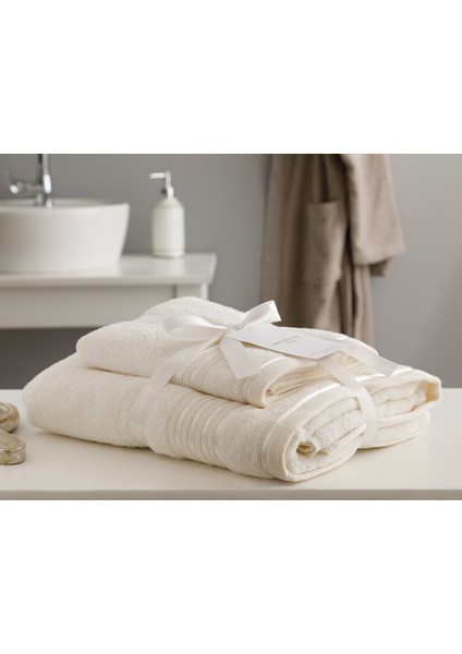 Romantic Stripe Floşlu Banyo Havlusu Takımı 50 x 85CM + 70 x 150CM Ekru
