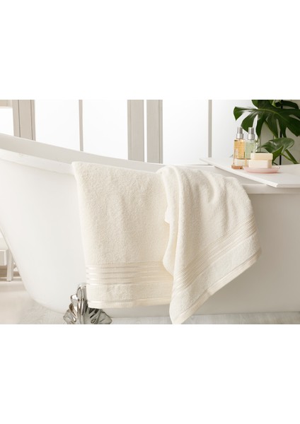 Romantic Stripe Floşlu Banyo Havlusu Takımı 50 x 85CM + 70 x 150CM Ekru