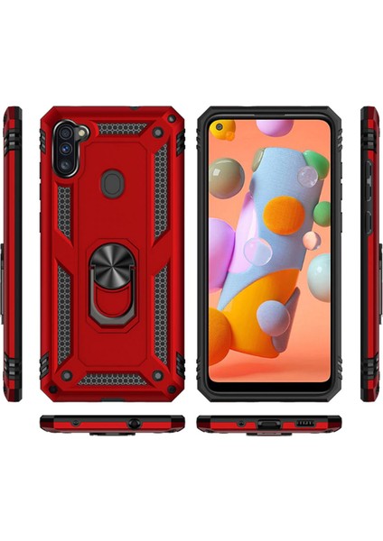 Case 4U Samsung Galaxy M11 Kılıf Çift Katmanlı Yüzüklü Manyetik Vega Kapak Kırmızı