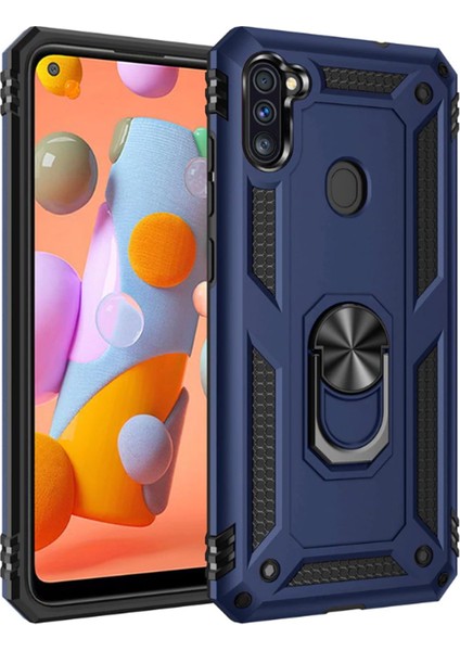 Case 4U Samsung Galaxy M11 Kılıf Çift Katmanlı Yüzüklü Manyetik Vega Kapak Lacivert