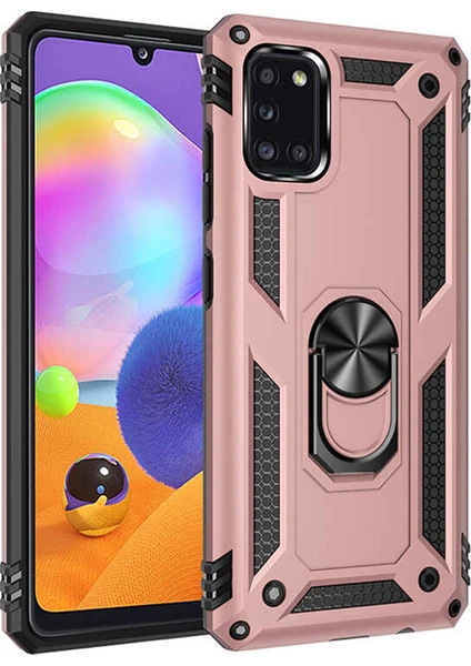 Case 4U Samsung Galaxy A31 Kılıf Çift Katmanlı Yüzüklü Manyetik Vega Kapak Rose Gold