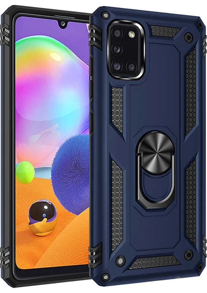 Case 4U Samsung Galaxy A31 Kılıf Çift Katmanlı Yüzüklü Manyetik Vega Kapak Lacivert