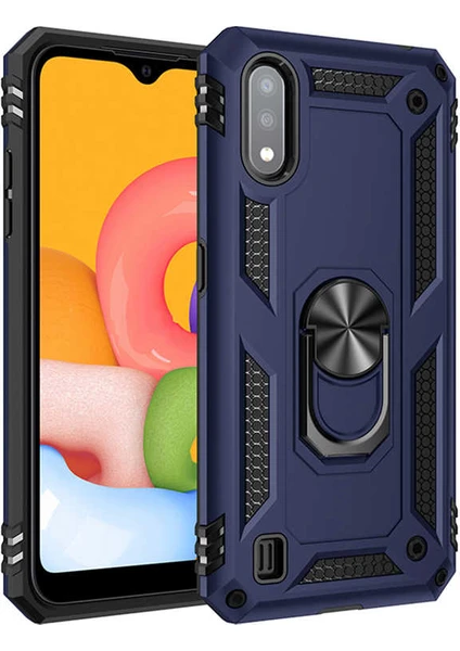 Case 4U Samsung Galaxy A01 Kılıf Çift Katmanlı Yüzüklü Manyetik Vega Kapak Lacivert