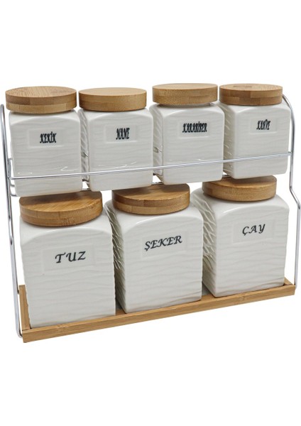 6658 8 Parça Metal Standlı Ahşap Kapaklı Porselen Baharat Takımı
