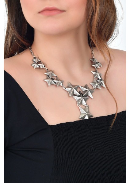 Kadın Antik Gümüş Kaplama Yıldız Kolye