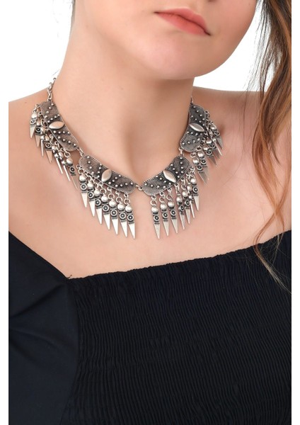 Kadın Antik Gümüş Kaplama Bohem Kolye