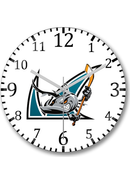 Shark Hockey Team Logo Duvar Saati Bombeli Gerçek Cam