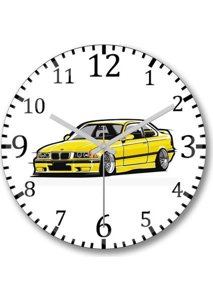 Bmw Stanced Out E36 Yellow Duvar Saati Bombeli Gerçek Cam