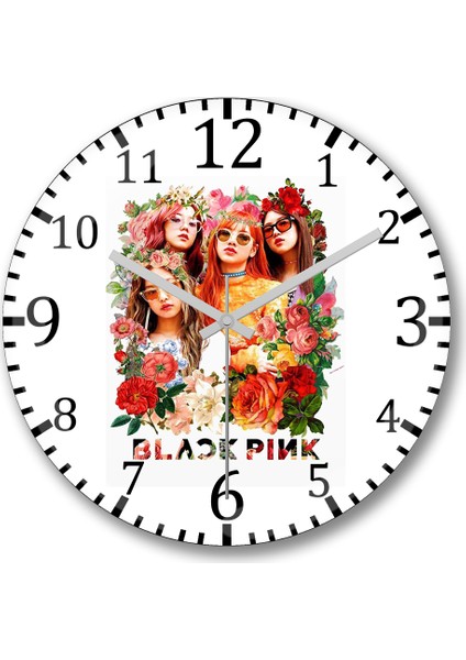 Çiçekler Arasında Blackpink Kpop Duvar Saati Bombeli Gerçek Cam