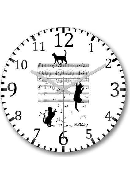 Notalar Müzik Cat Kedi Komik Duvar Saati Bombeli Gerçek Cam