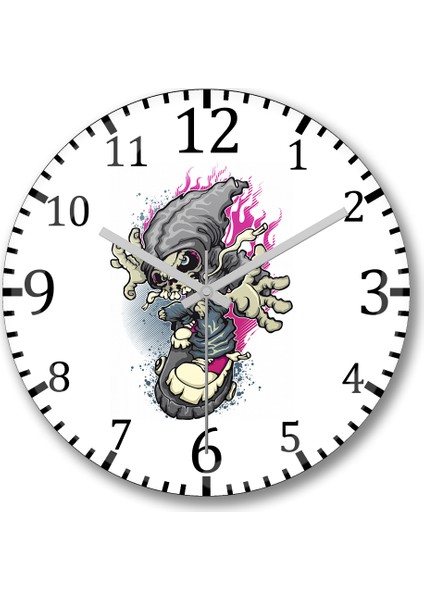 Skull On Skateboard Duvar Saati Bombeli Gerçek Cam