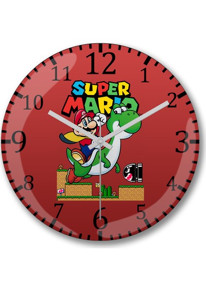 Süper Mario E Yoshi Duvar Saati Bombeli Gerçek Cam