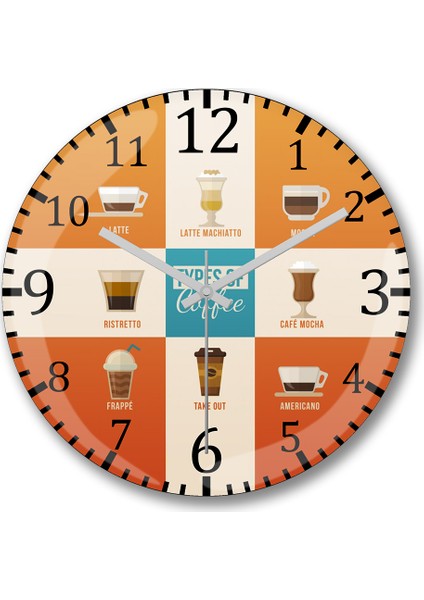 Types Of Coffee Duvar Saati Bombeli Gerçek Cam