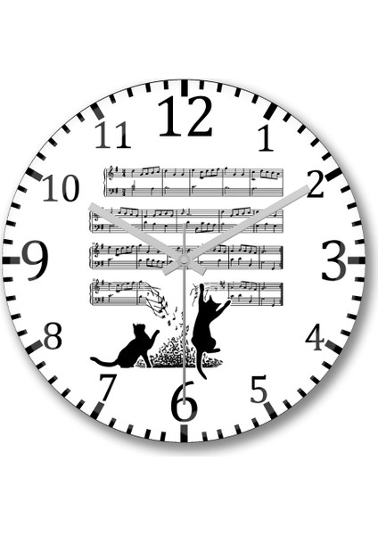 Yaramaz Komik Müzik Notalı Kedi Cat Duvar Saati Bombeli Gerçek Cam