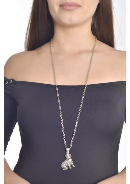 Kadın Antik Gümüş Kaplama Buldog Simge Uçlu Kolye