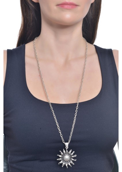 Kadın Antik Gümüş Kaplama Güneş Objeli Zincir Kolye
