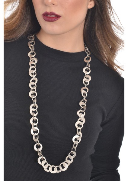 Kadın Antik Gümüş Kaplama Halka Uzun Kolye