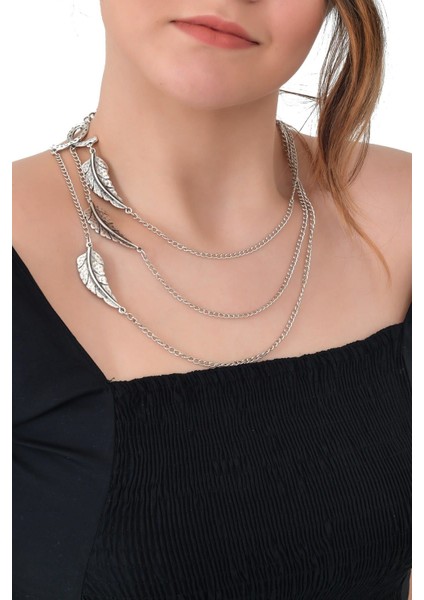 Kadın Antik Gümüş Kaplama Kombin Yaprak Kolye