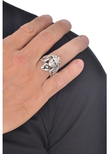 Erkek Antik Gümüş Kaplama Medusa Yüzük