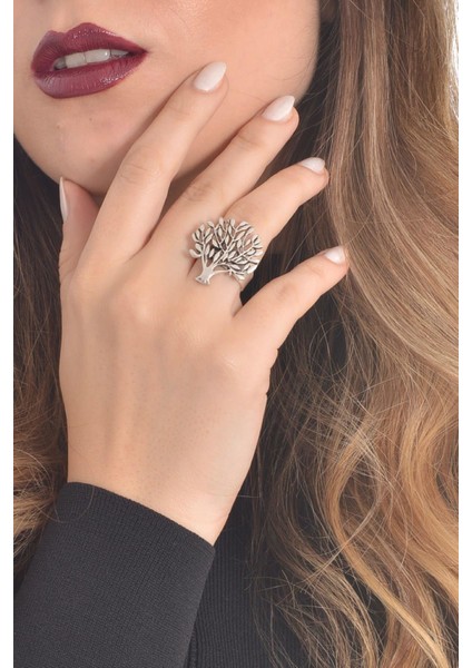 Kadın Antik Gümüş Kaplama Hayat Ağacı Yüzük