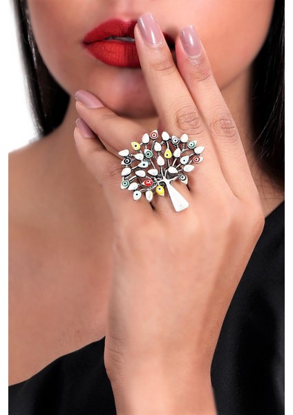 Kadın Antik Gümüş Kaplama Mineli Yaprak Stilizesi Yüzük