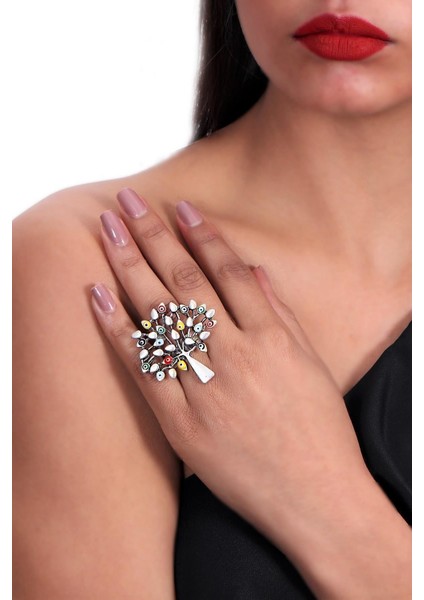 Kadın Antik Gümüş Kaplama Mineli Yaprak Stilizesi Yüzük fiyatları