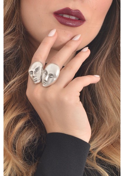 Kadın Antik Gümüş Kaplama Çift Yüz Yüzük