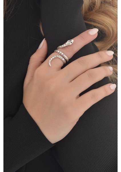 Kadın Antik Gümüş Kaplama Baskılı Dolama Yılan Formlu Yüzük