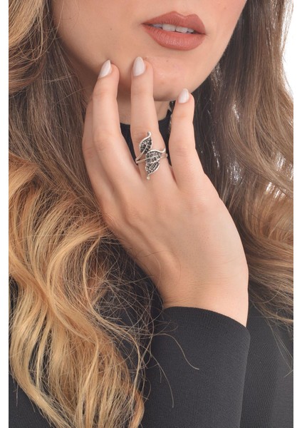 Kadın Antik Gümüş Kaplama Yaprak Yüzük