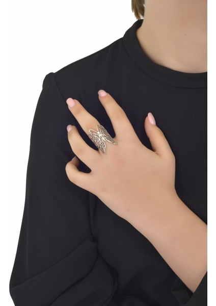 Kadın Antik Gümüş Kaplama Kelebek Yüzük