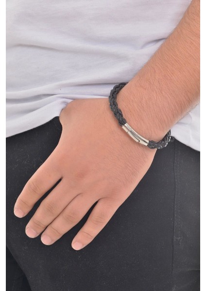 Erkek Siyah Örgü Deri Bileklik