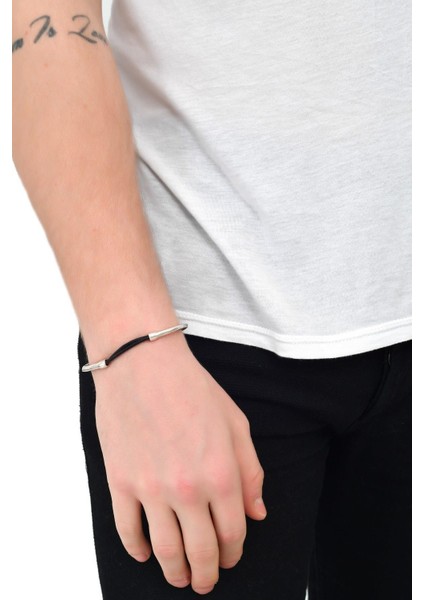 Erkek Antik Gümüş Kaplama Siyah Deri Kombinli Bohem Bileklik